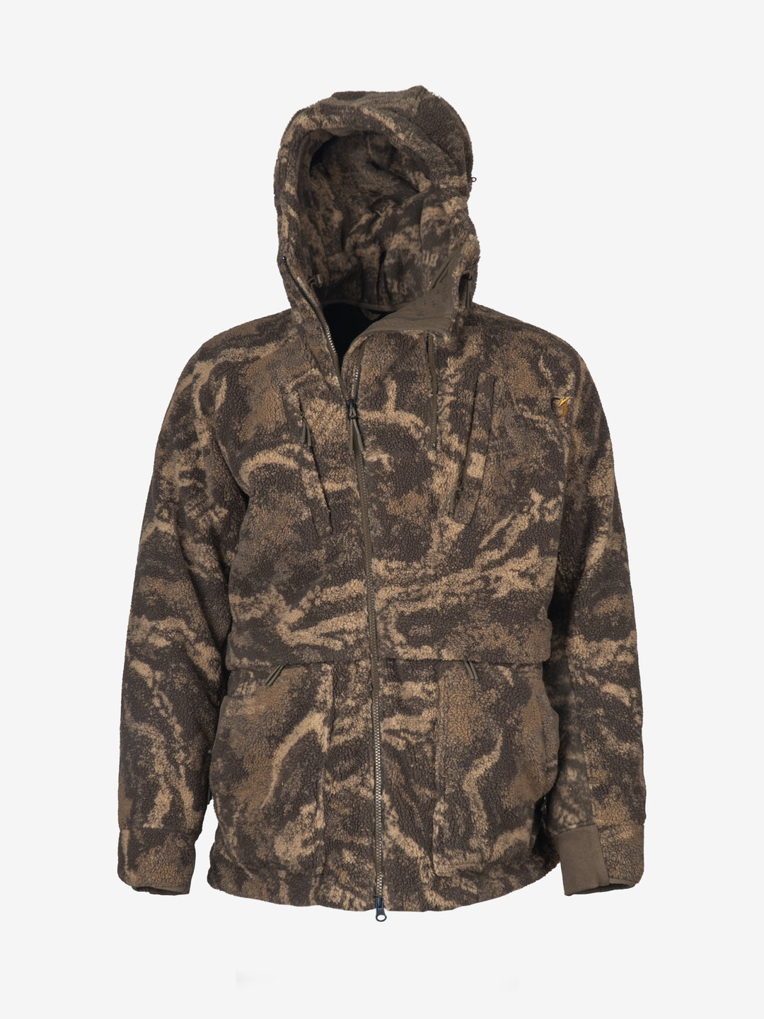 Front view of the ColdFjall Sub-Xtreme parka in S-18 camo with the hood up and the main zip closed