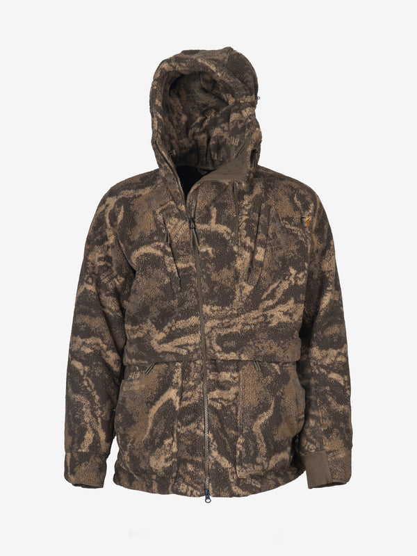 Front view of the ColdFjall Sub-Xtreme parka in S-18 camo with the hood up and the main zip closed
