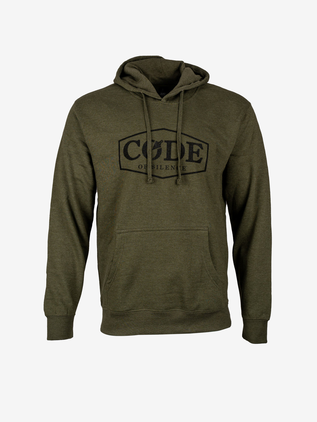 Code of Silence Core Hoodie in heather olive green with a black chest logo, front view showing the drawstring hood and pouch pocket