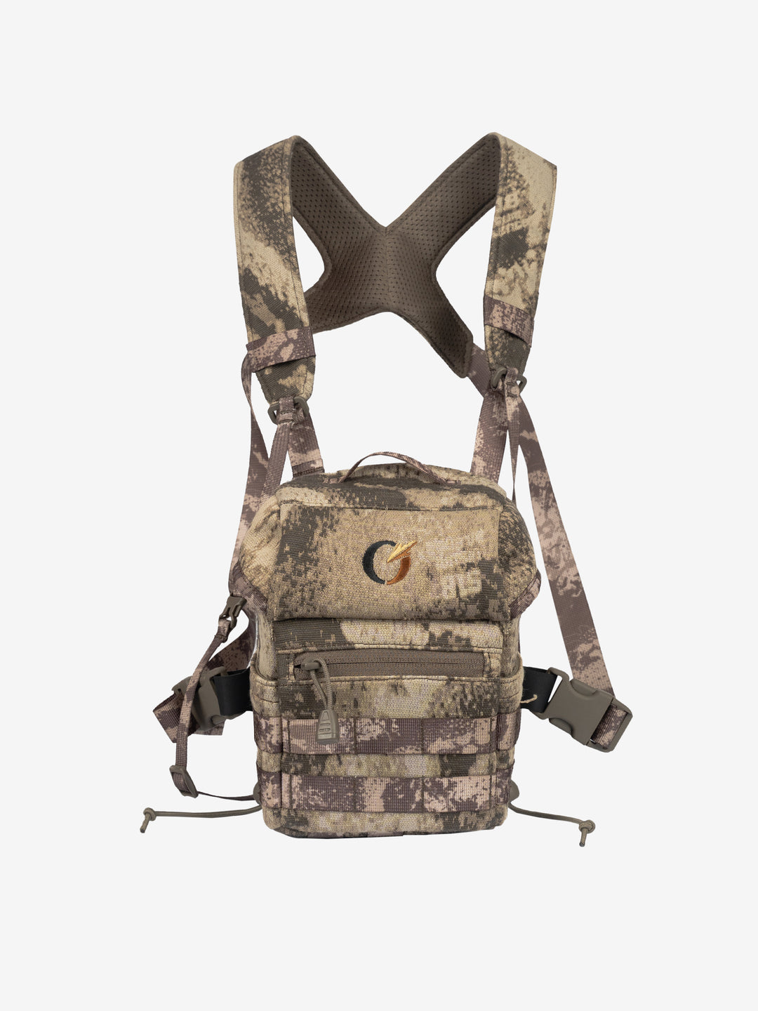 Silent Binocular Harness System in S-18 Camo, front view with the X back straps laid flat