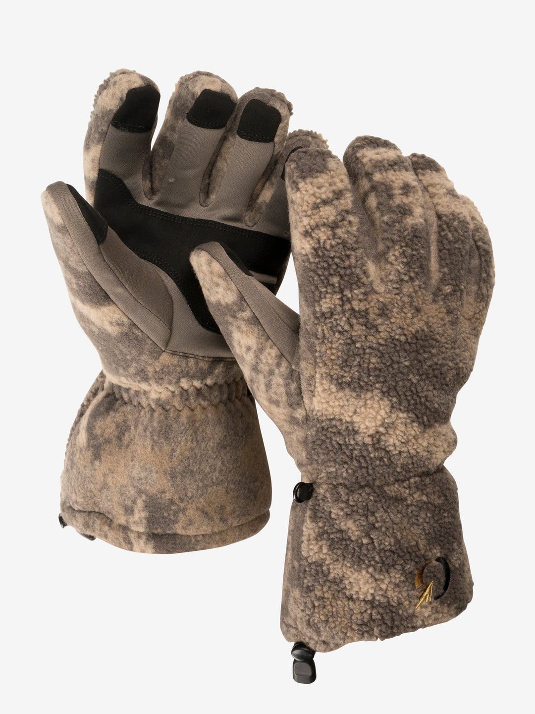 Closure Glove pair in camo fleece, one turned to show the grey palm overlay and black touchscreen fingertips.