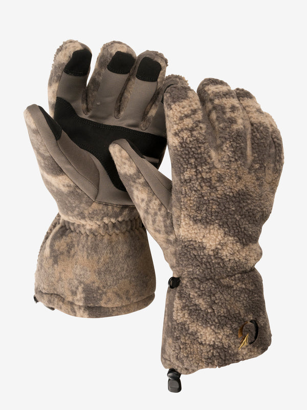 Closure Glove pair in camo fleece, one turned to show the grey palm overlay and black touchscreen fingertips.
