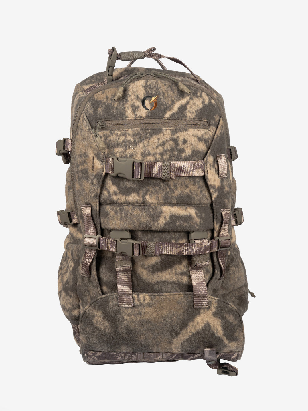 DoubleBack Xtreme Pack 2.0 in camo, front view with the compression straps and zippered top pocket