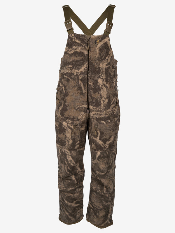 Zone7 Dialed In bib in brown and tan camo, front view with elastic suspenders crossed