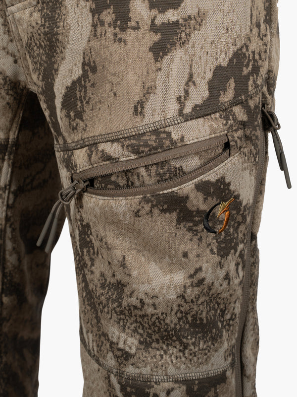 Angled top zippered leg pockets