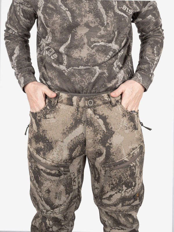 Jean style front pockets, zip closed thigh pockets and zip closed rear pocket
