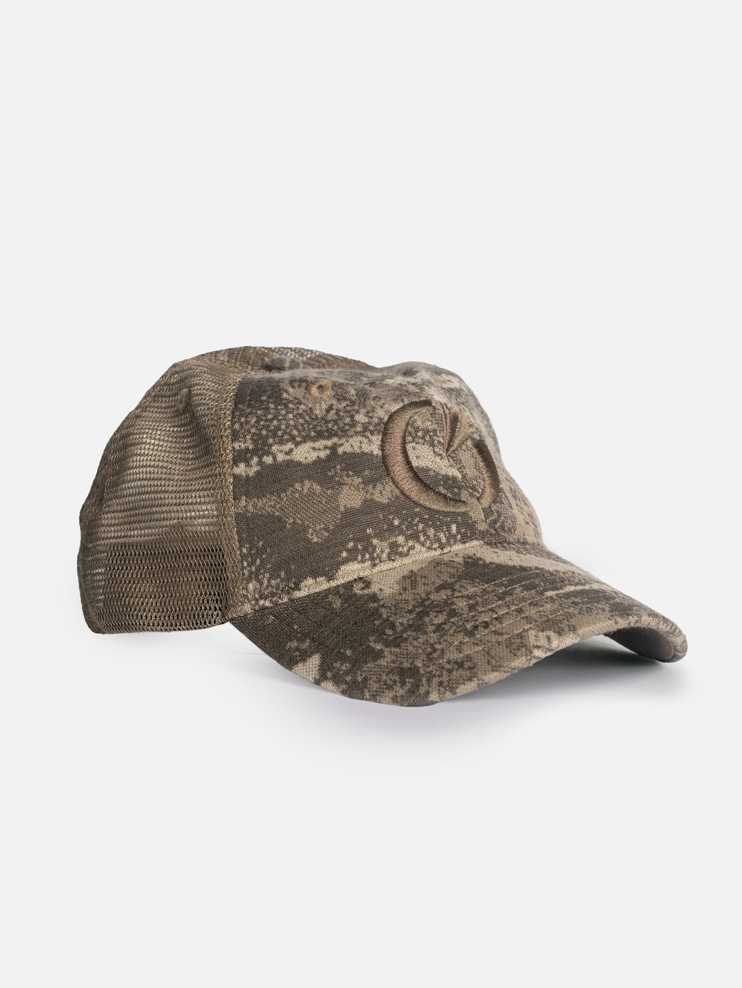 FareWinds Camo Cap from the right, showing the mesh back panel, curved brim and tonal embroidered logo.