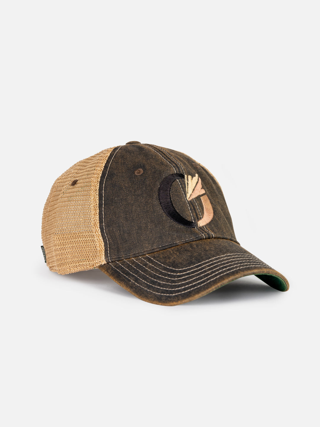 Code of Silence SWAG Cap in Black/Tan, angled view showing the tan mesh side panels and curved brim