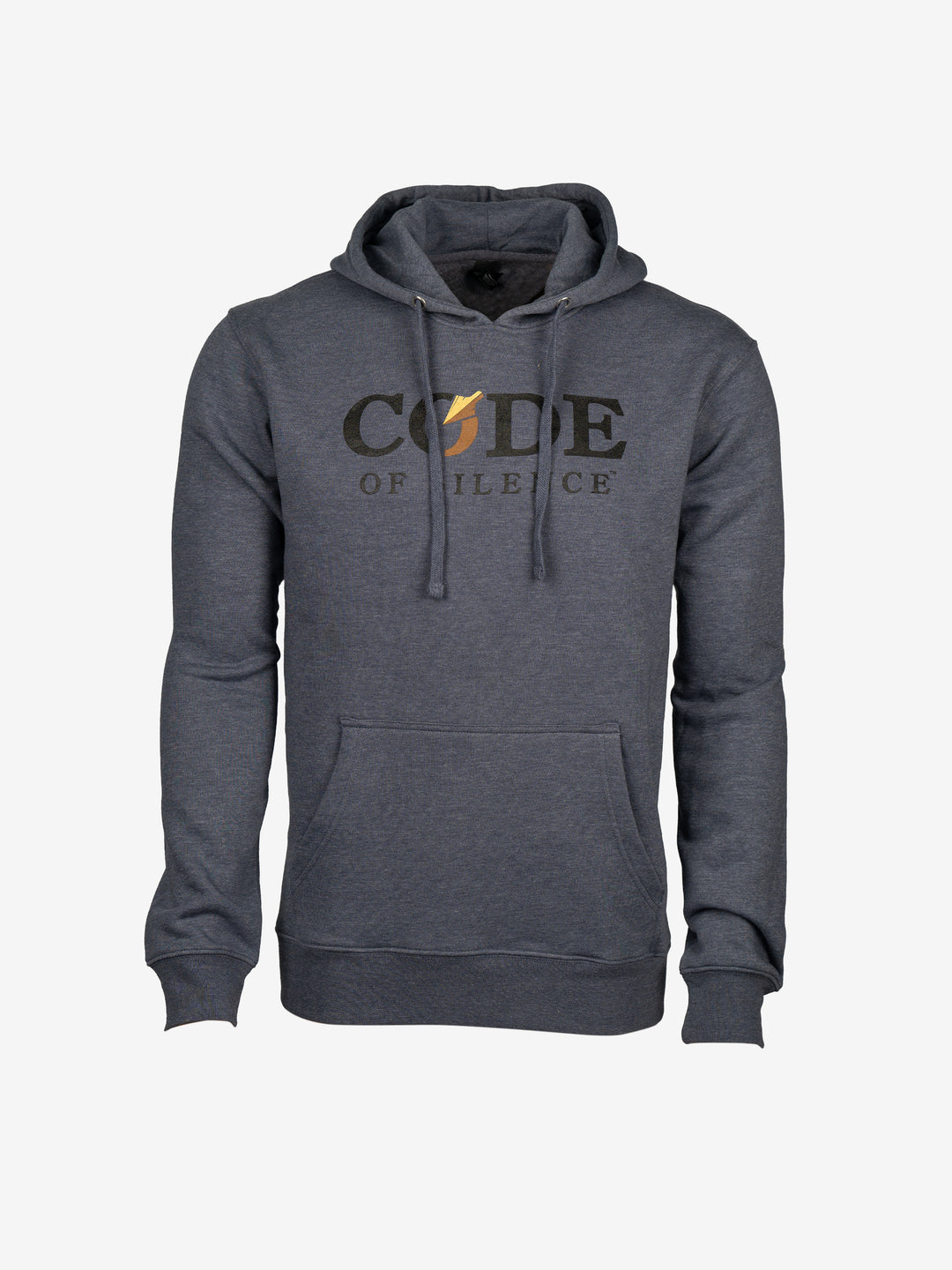 Dialed-In Lyfestyle Hoodie in heather navy, front view with the chest logo and kangaroo pocket.