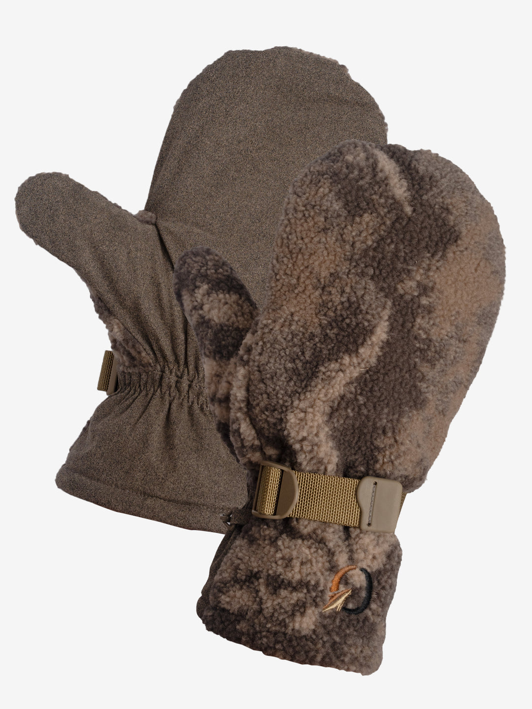 Coldfjall Extreme Mittens as a pair, one turned to the brushed fabric palm and one to the camo sherpa back.