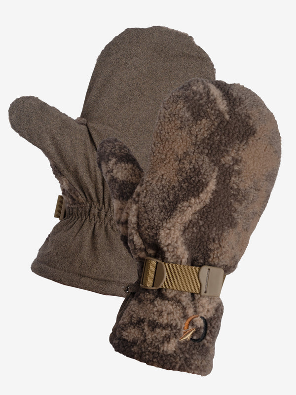 Coldfjall Extreme Mittens as a pair, one turned to the brushed fabric palm and one to the camo sherpa back.