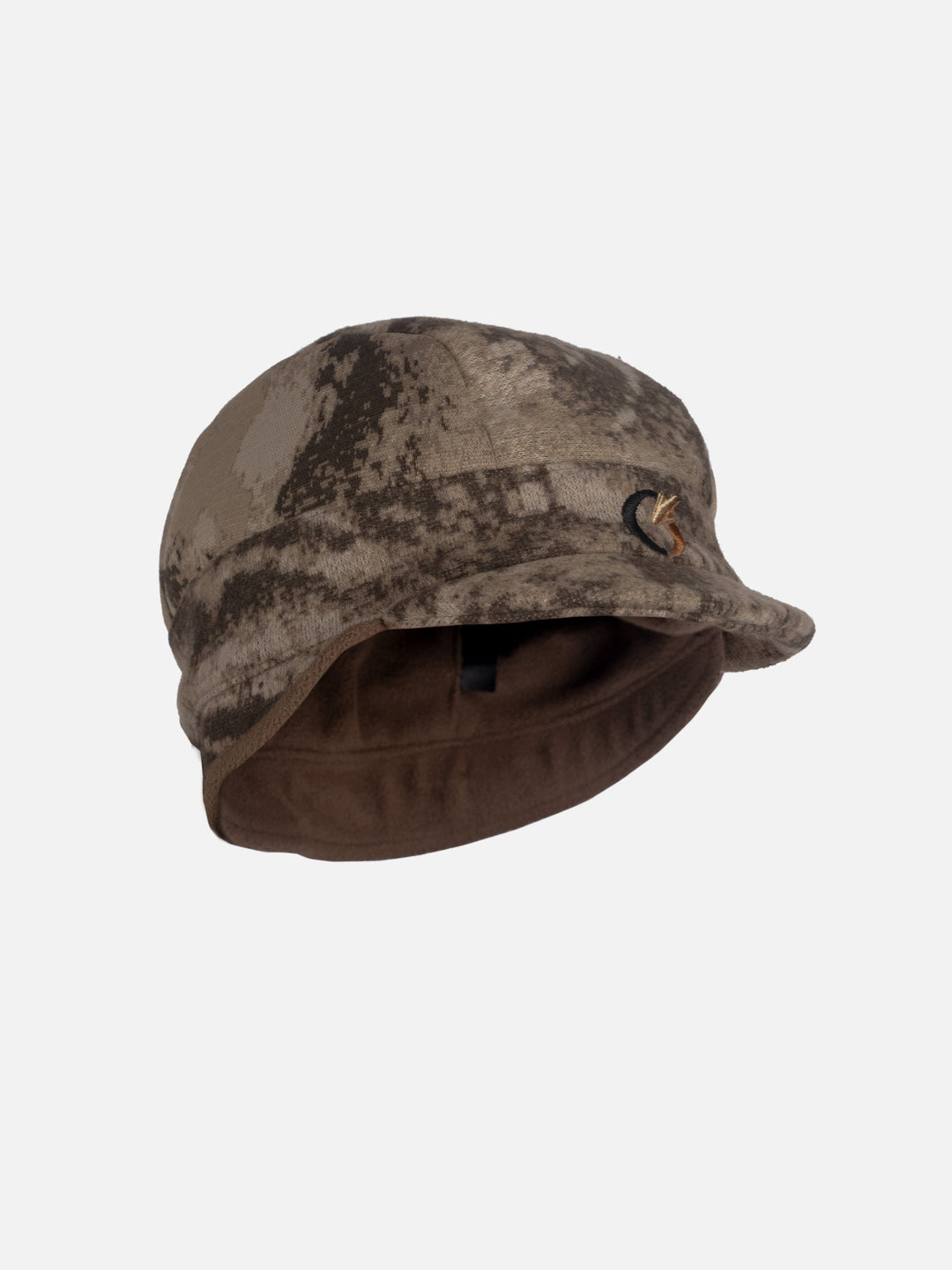 RiverWolf Cap in camo with the ear flap down, showing the brown fleece lining and antler logo