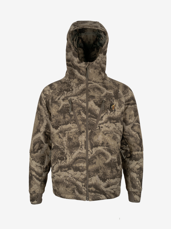 Front view of the RiverWolf Systems jacket in S-18 camo with the hood up and the main zip closed