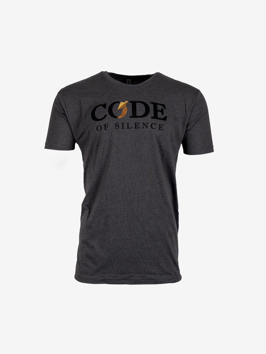 Code of Silence Dialed In Range Tee in charcoal heather, front view with the Code of Silence logo across the chest.