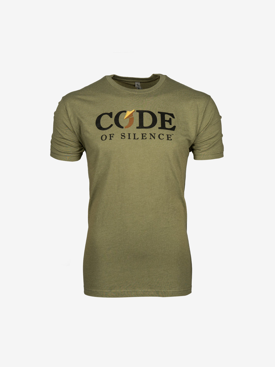 Code of Silence Dialed In Range Tee in olive green, front view with the Code of Silence logo across the chest.