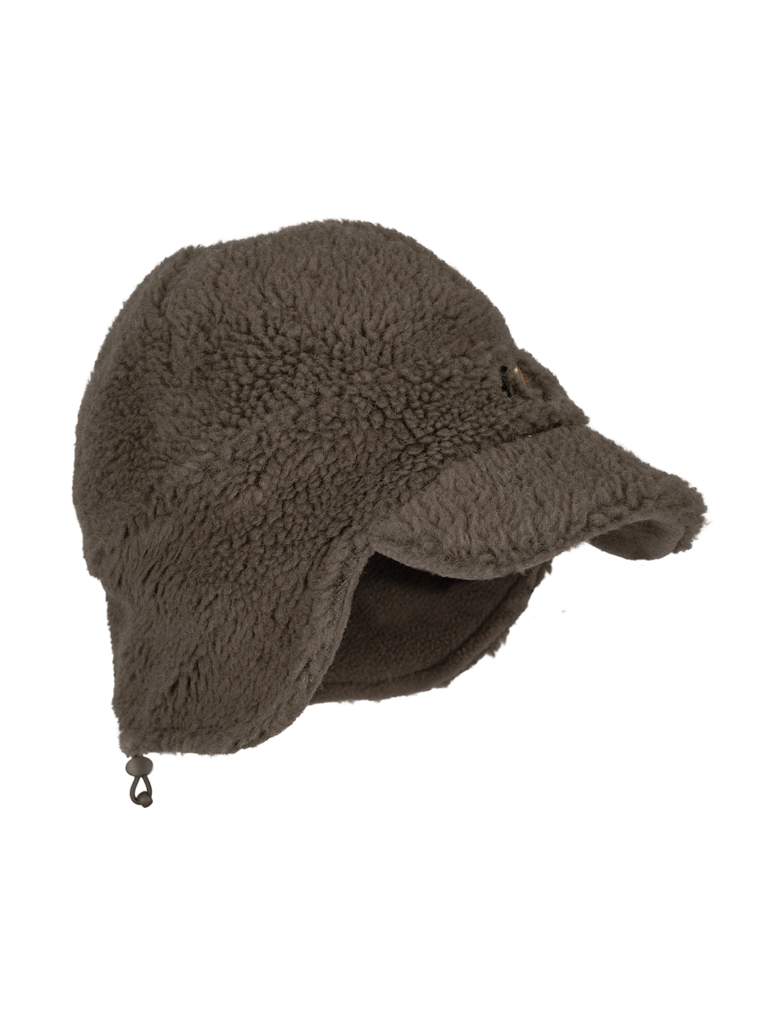 Code of Silence VTSsystems2 Cap in solid olive brown, side view with the ear flaps down and the drawcord toggle visible