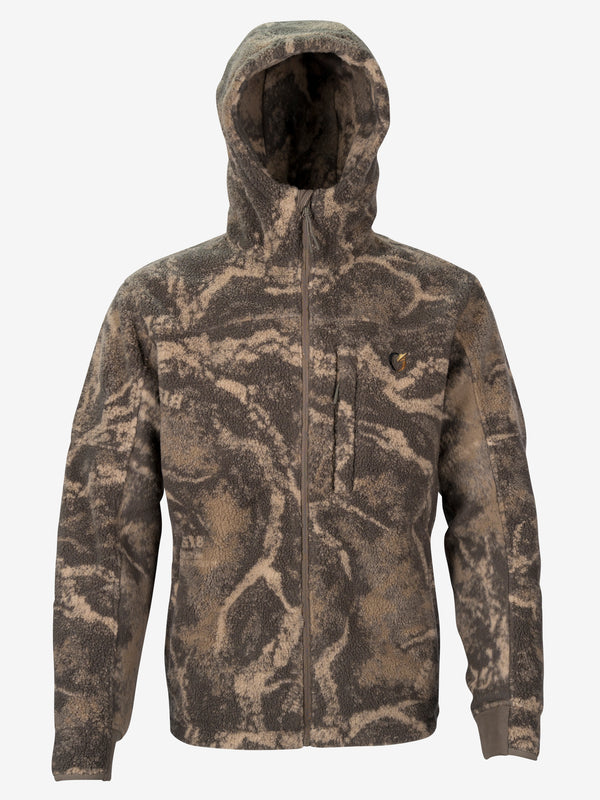 Zone7 Versa hooded jacket in S-18 Camo, front view with the hood up on a white background.