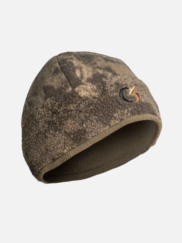 Zone7 Versa Cap 2.0 in S-18 Camo, three quarter view showing the fleece band and the Code of Silence logo.