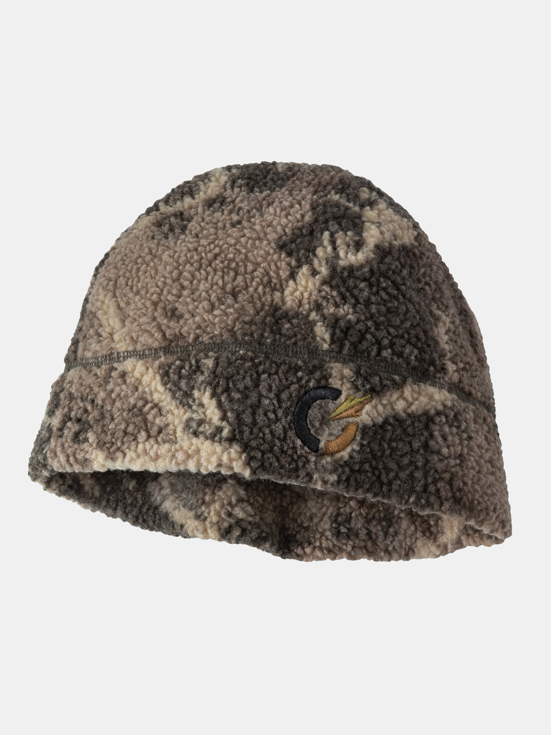 Verdigre Cap in camo sherpa fleece, side view showing the folded cuff and embroidered Code of Silence logo.