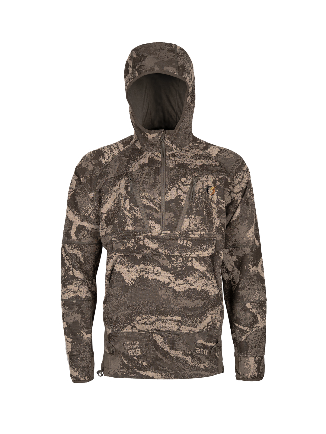 VTSsystems 1 Anorak in S-18 Camo, front view with the hood up.