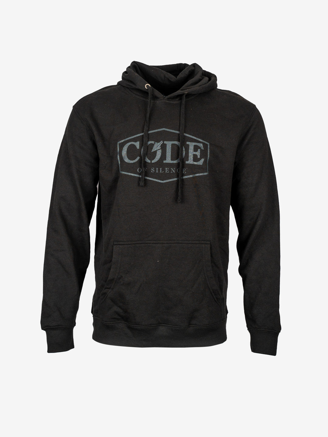 Code of Silence Core Hoodie in black with a tonal grey chest logo, front view showing the drawstring hood and pouch pocket