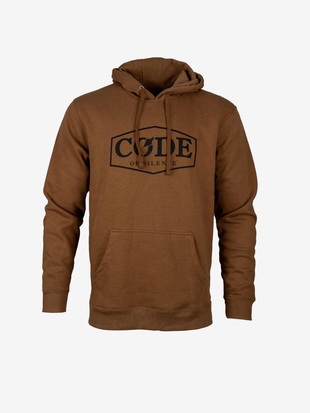 Code of Silence Core Hoodie in brown with a black chest logo, front view showing the drawstring hood and pouch pocket
