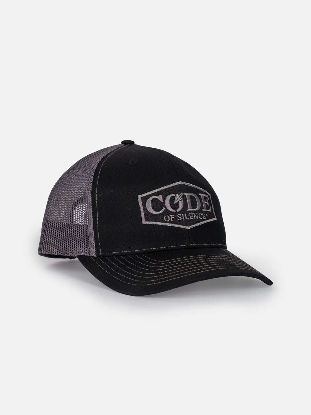 Code of Silence Core Cap in Black/Grey, angled view showing the grey mesh side panels and curved brim
