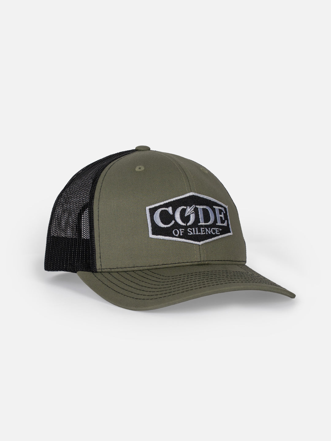 Code of Silence Core Cap in Green/Black, angled view showing the black mesh side panels and curved brim