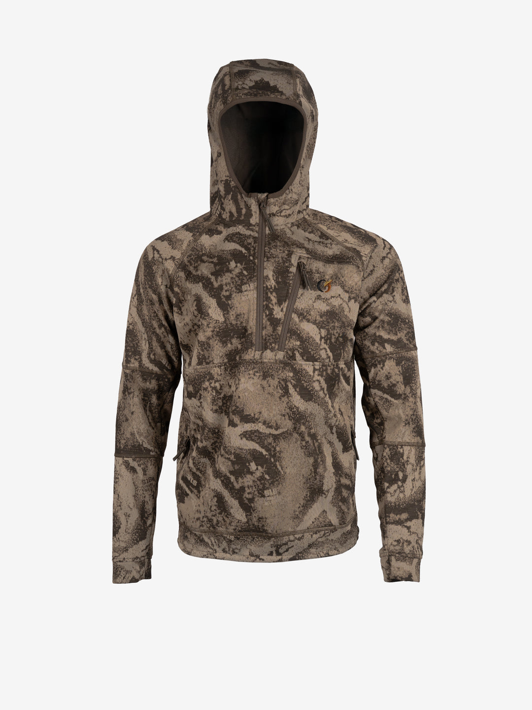 Merino-FlexLite BaseShell Hoodie in camo, front view with the hood up and the half zip closed.