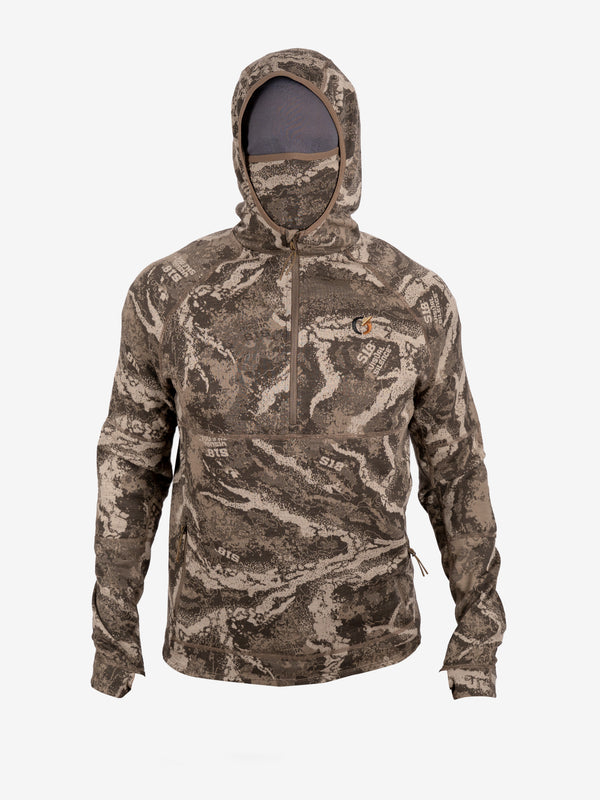 FareWinds BaseSystems240 Hoodie front view with the hood up and the built in face mask pulled over