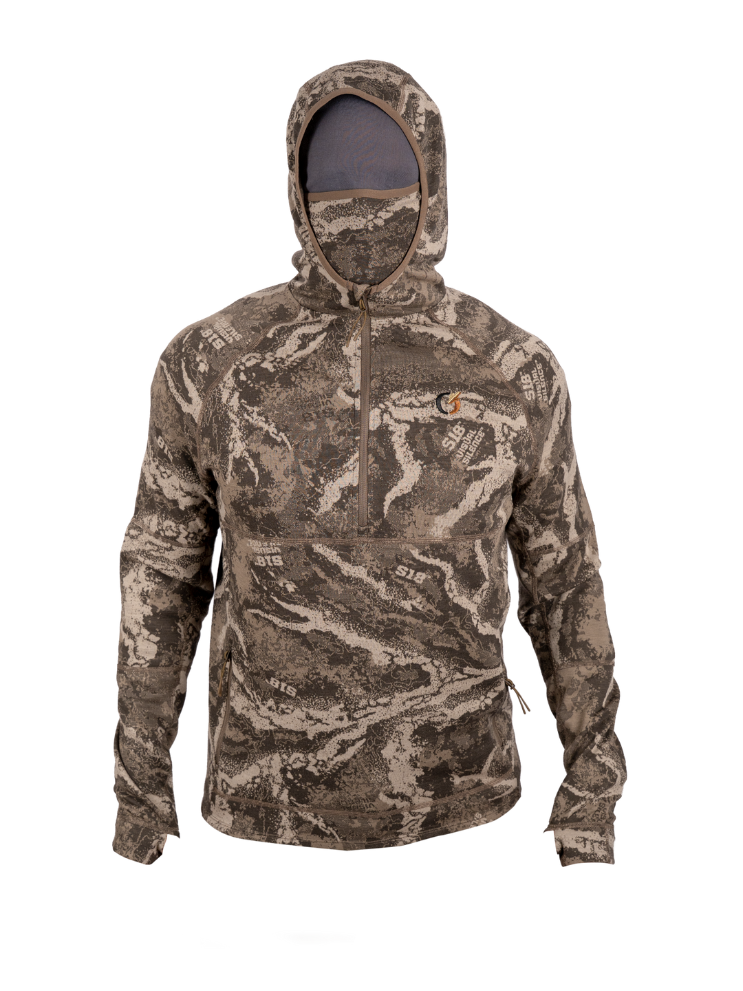UltiVent Bamboo Hoodie 2.0 in S-18 Camo, front view with the hood up and the built in face mask raised.