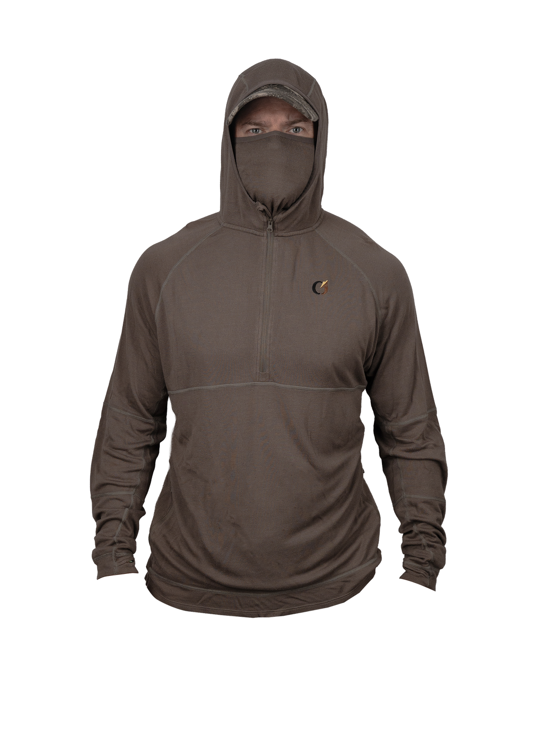 Front view of a hunter in the DeadFjall UltiVent Bamboo Hoodie 2.0 with the hood up and the face mask raised.