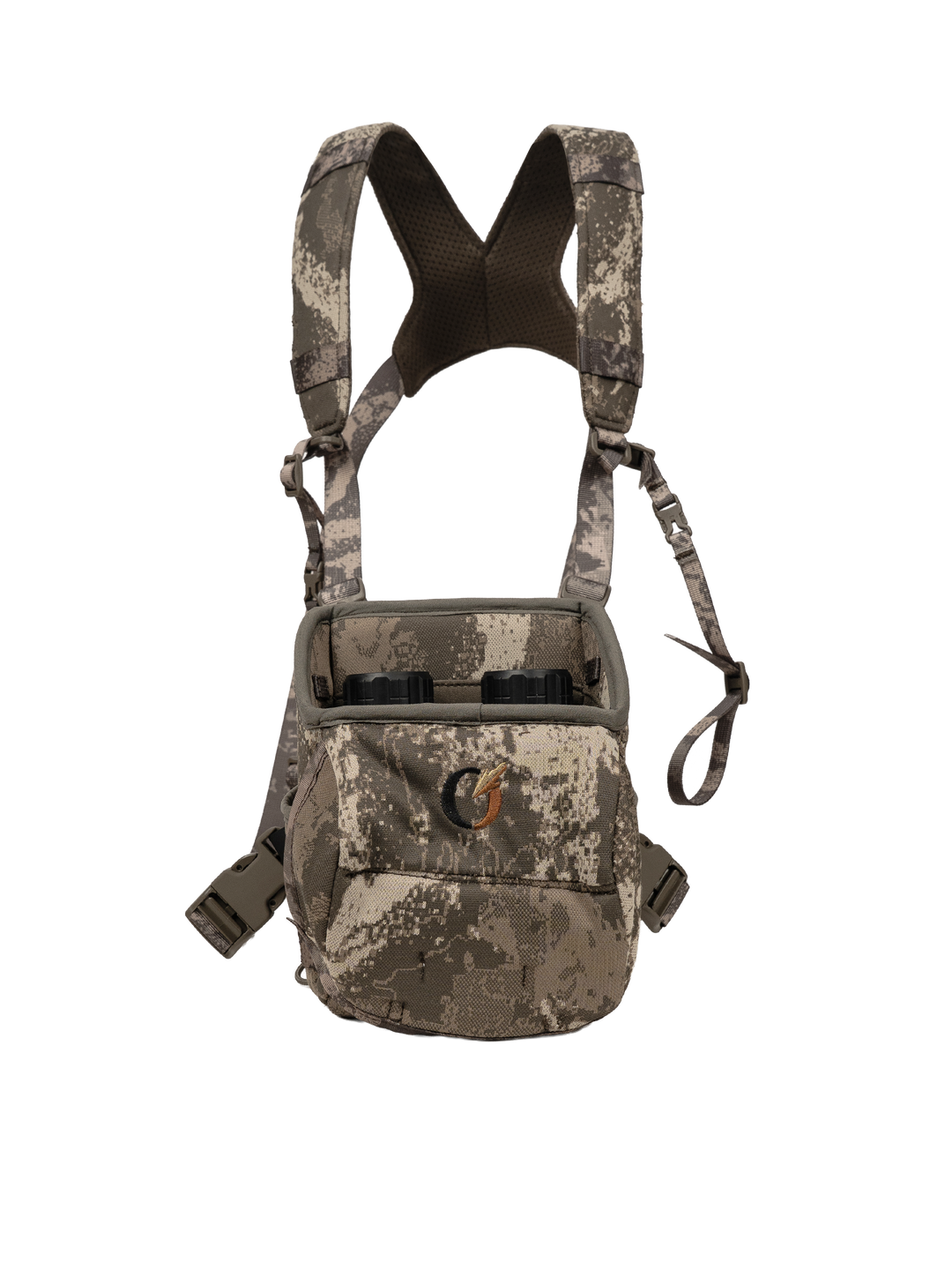 Silent Bino Harness 2.0 front view with the lid open and the binocular eyecups visible inside