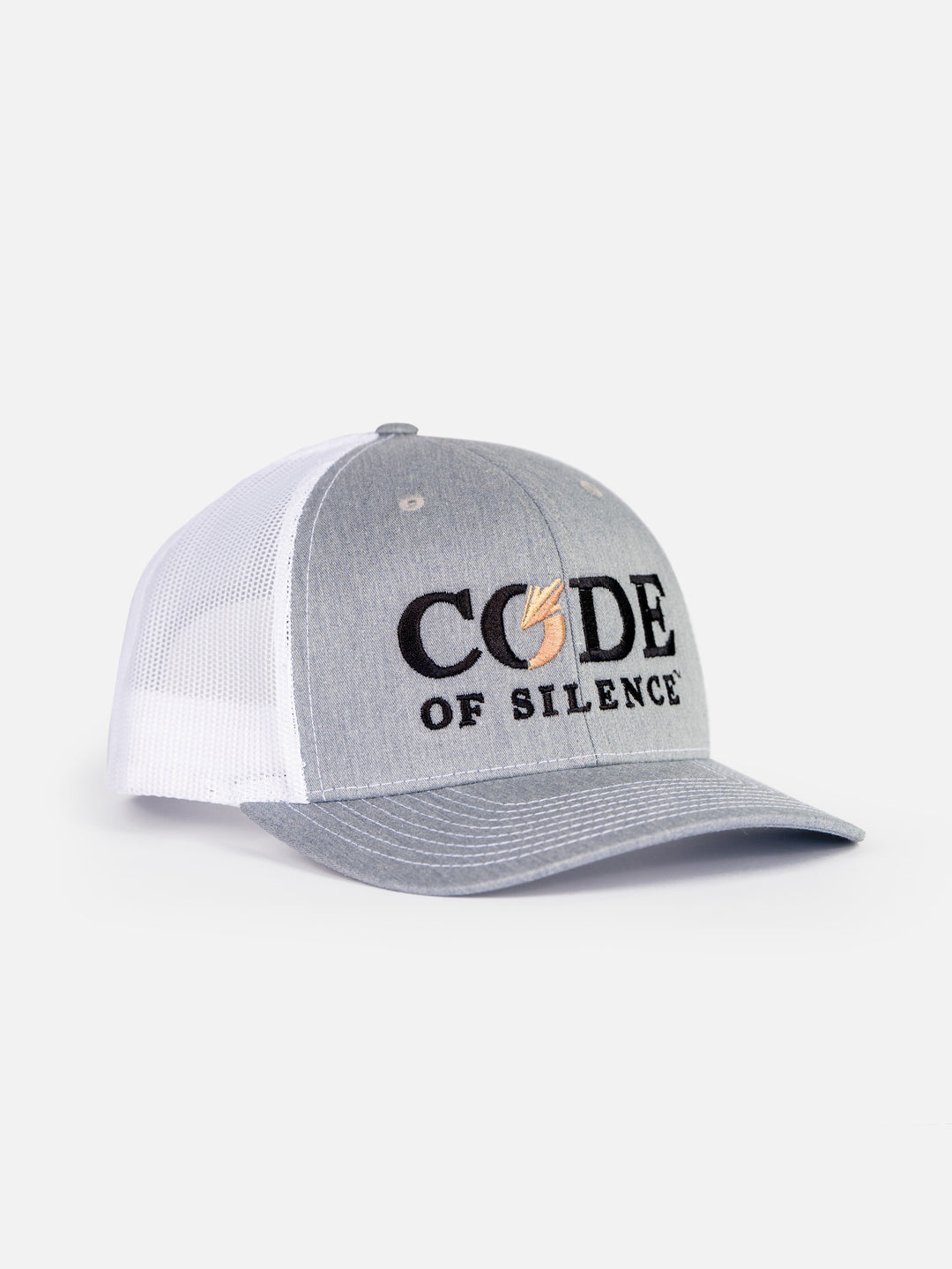 Code of Silence Dialed In Range Cap in heather grey with a white mesh back, angled front view showing the embroidered logo