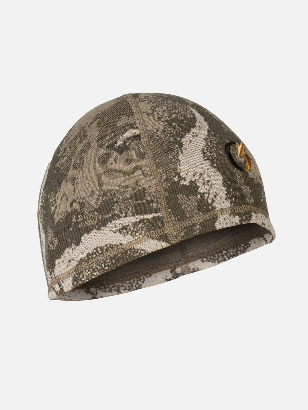FareWinds BaseSystems240 Beanie in camo knit, angled view showing the seamed crown and the embroidered logo at the side