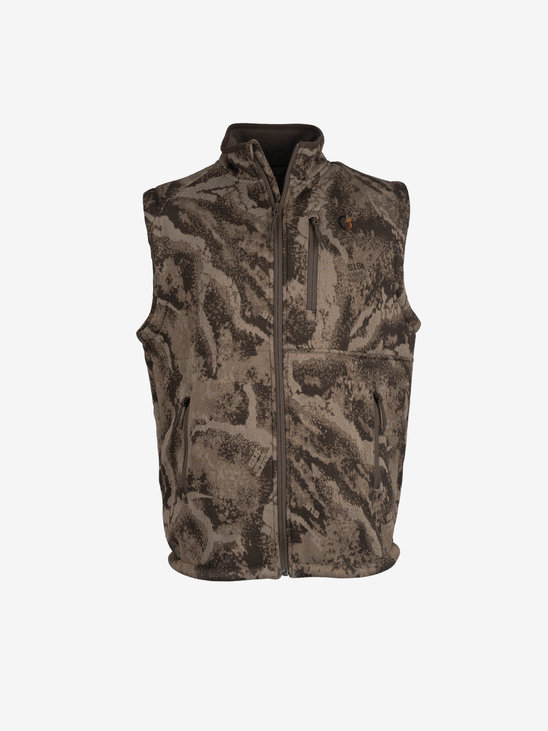FareWinds Merino FlexTec HighLoft Vest from the front, showing the full-length zip, stand collar, zippered chest pocket and two side pockets.
