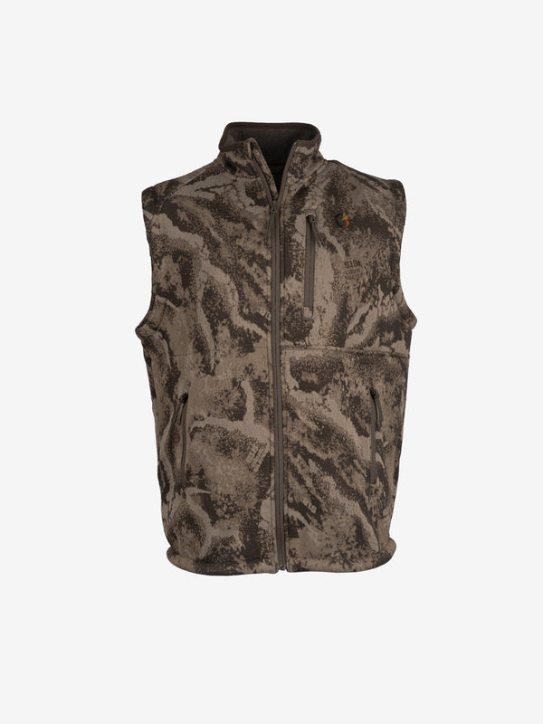 FareWinds Merino FlexTec HighLoft Vest from the front, showing the full-length zip, stand collar, zippered chest pocket and two side pockets.