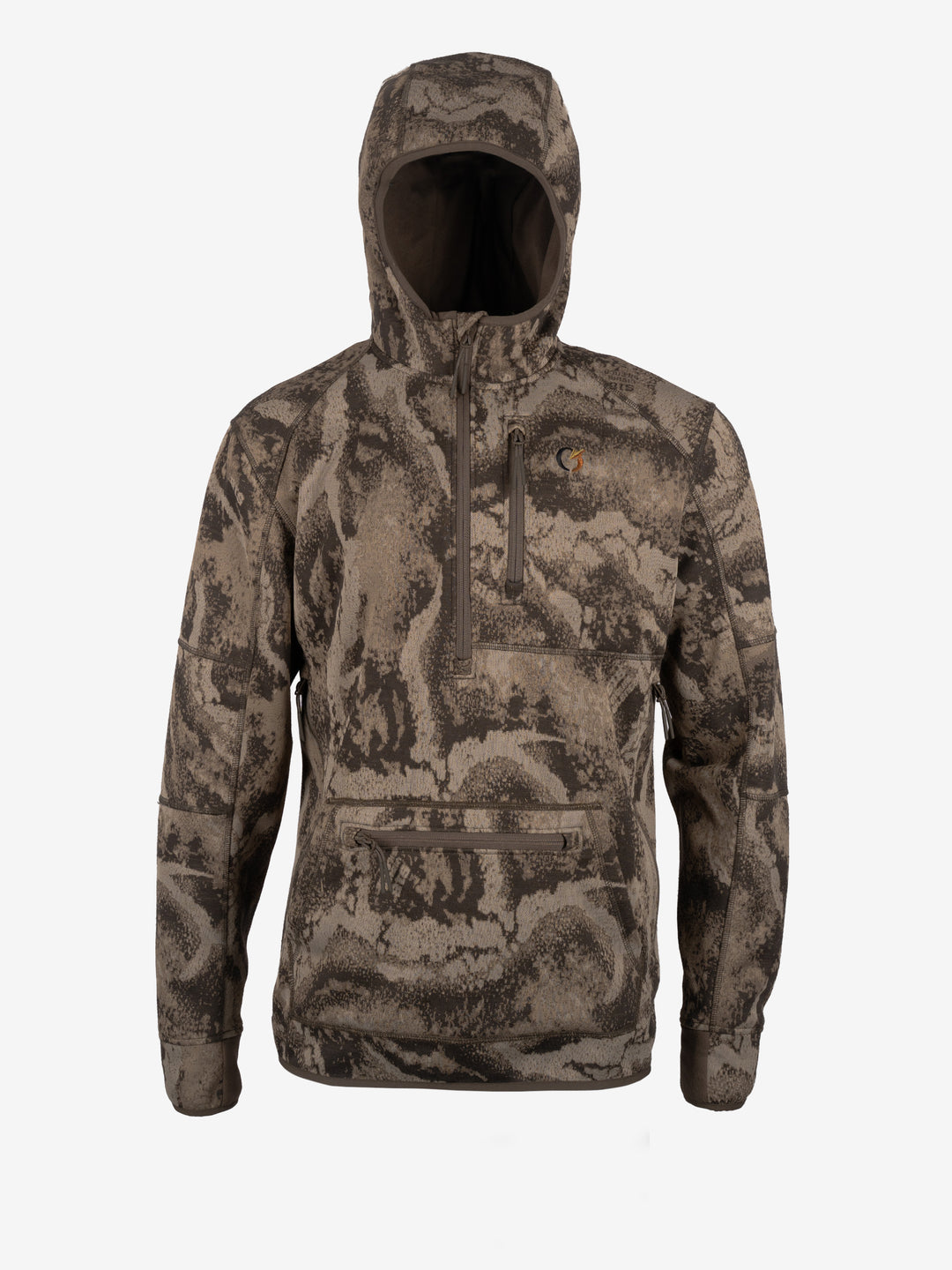 FareWinds Merino FlexTec Hoodie in camo, front view with the hood up, quarter-zip chest pocket and zippered kangaroo pocket.