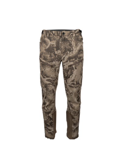 FareWinds Merino FlexTec HighLoft Pant in S-18 Camo, front view showing the zippered thigh pockets and stretch knit lower leg panels.