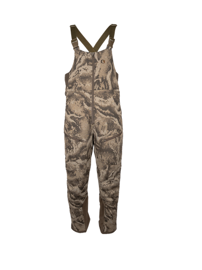 FareWinds Merino FlexTec L2 Bib in S-18 Camo, front view showing the crossed adjustable suspenders, the full length front zip and the zippered thigh pockets.