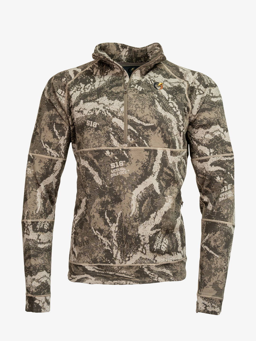 FareWinds Merino-LR base systems 1/2 zip in S-18 camo, front view