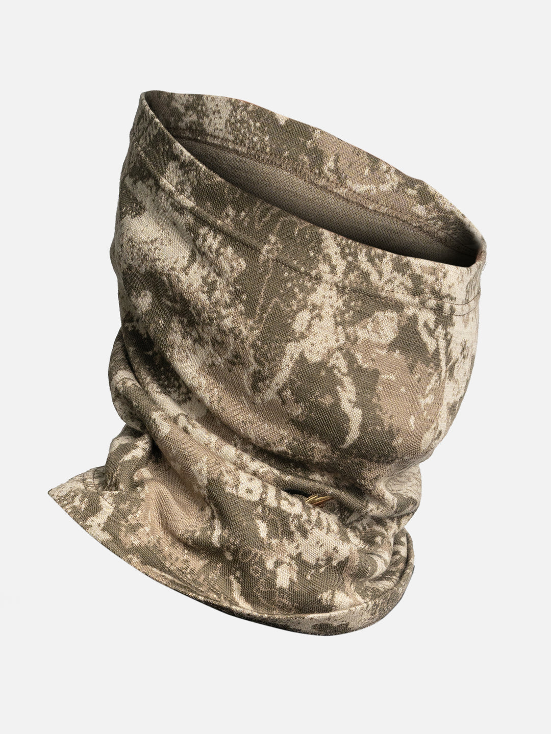 FareWinds Neck Gaiter in camo, studio view showing the tubular knit and shaped top edge.