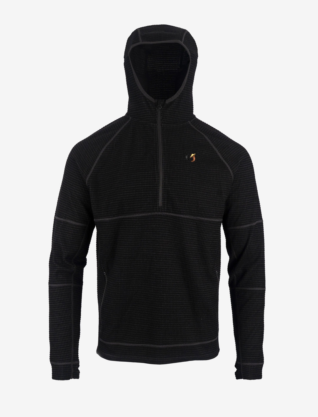 MatrXX GridMerino Hoodie in BlindBlack, front view with the hood up and the half zip closed.