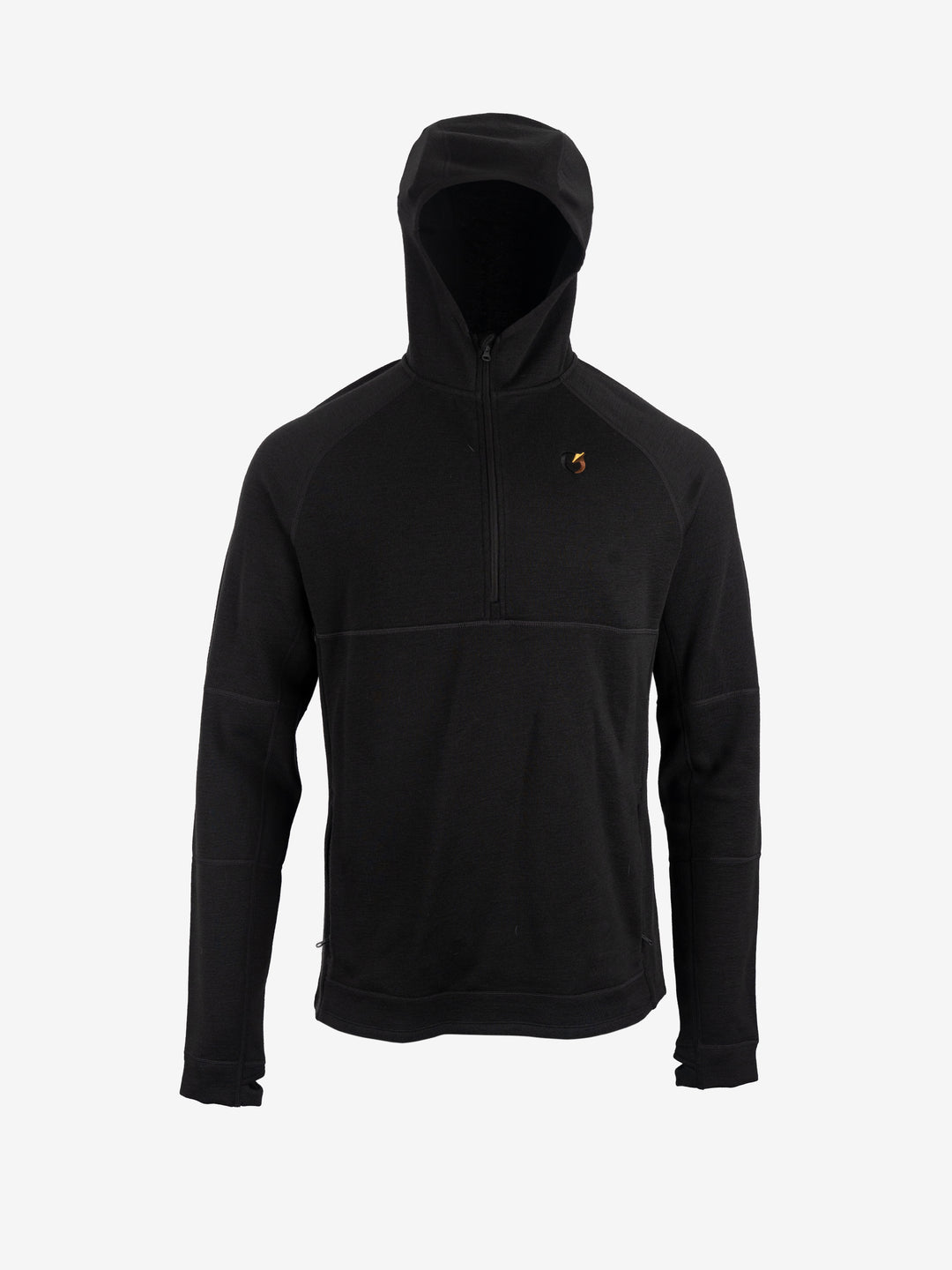 MegaMerino 350 hoodie in BlindBlack, front view with the hood up and the quarter zip closed