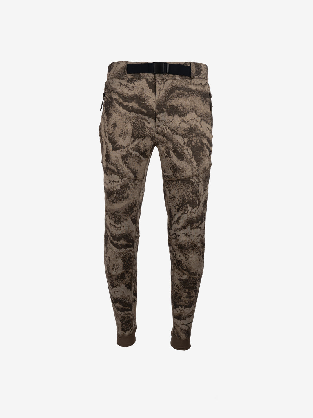 Merino-FlexLite BaseShell Pant in S18 camo, front view with the integrated belt and ribbed ankle cuffs.