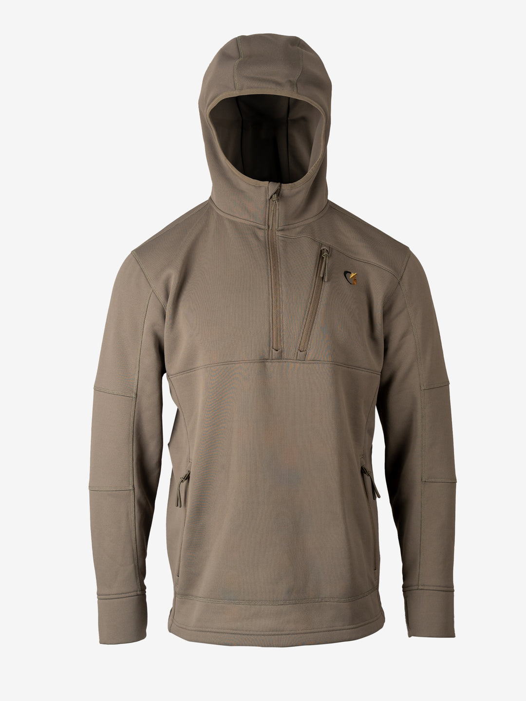 Merino MidFleece Hoodie in solid brown, front view with the hood up, quarter-zip and zippered chest pocket.