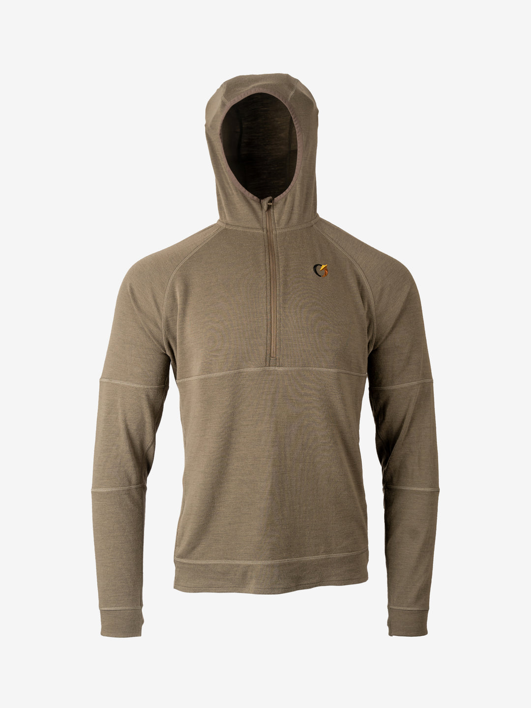 PreCore250 Merino BaseSystems Hoodie in DeadFjall, front view with the hood up and the quarter zip closed.