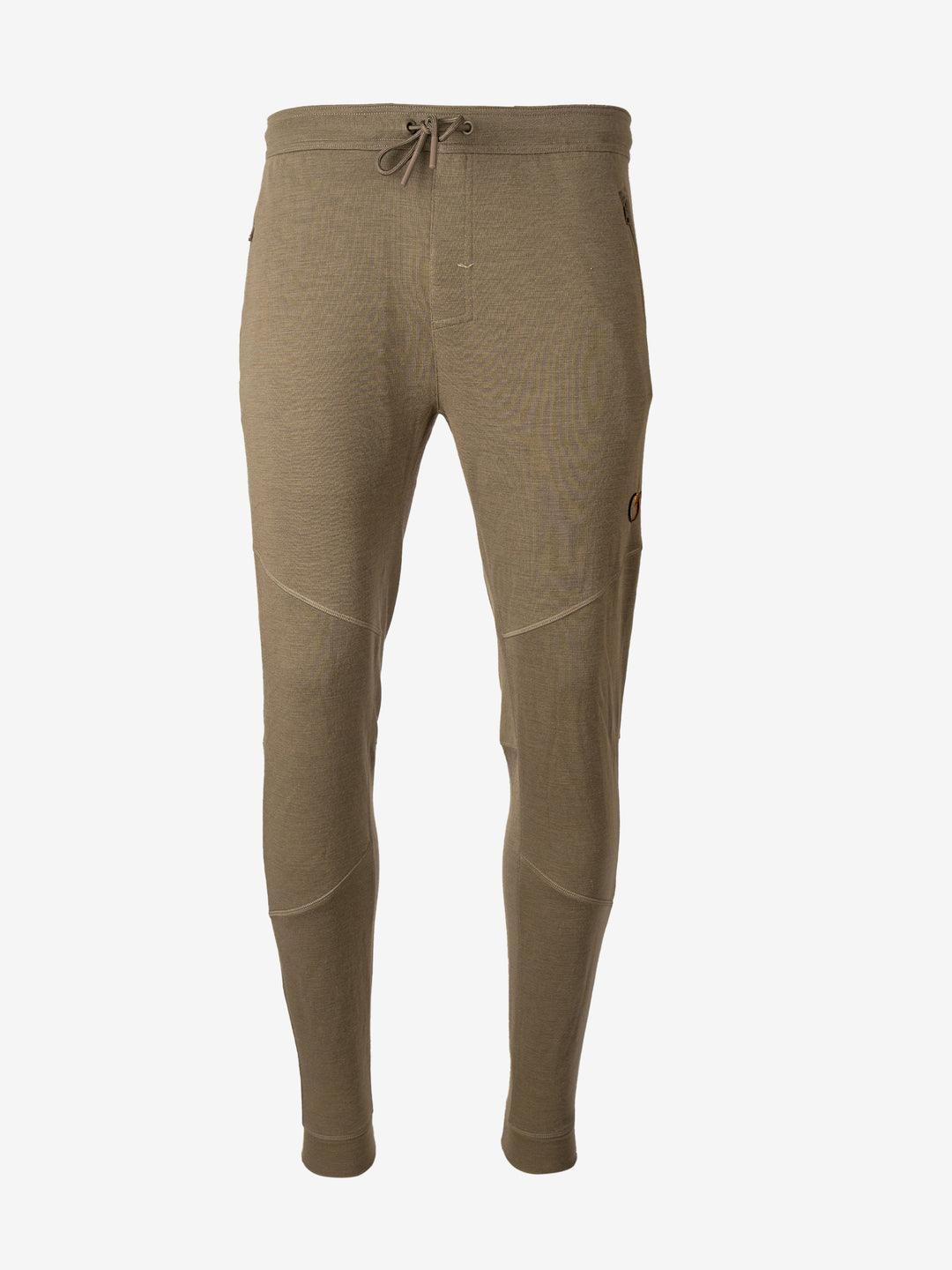 PreCore250 Merino BaseSystems Pant in olive, front view with the drawcord waist and zip hand pockets.