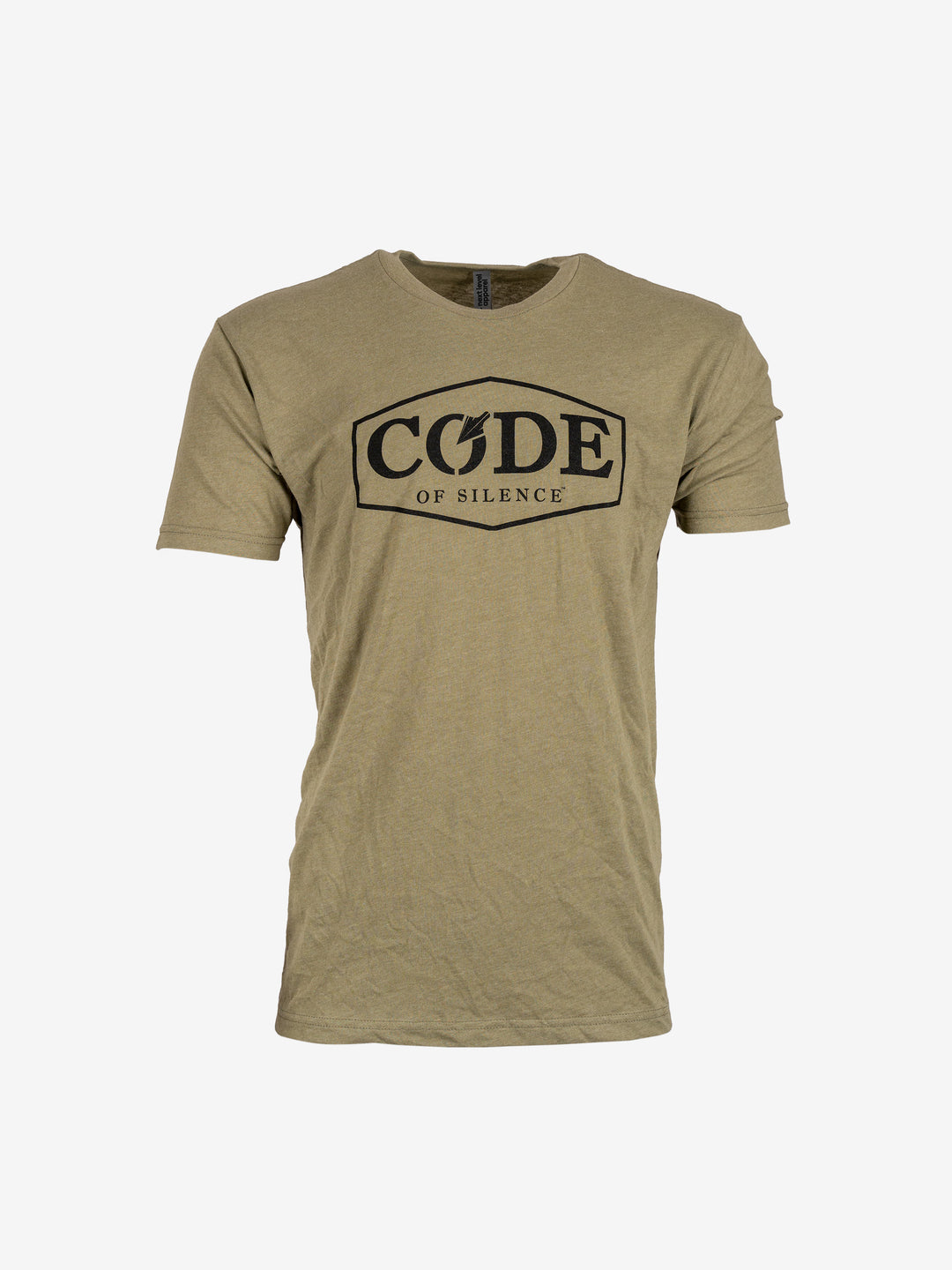 Code of Silence Core Tee in olive with a black chest logo, front view