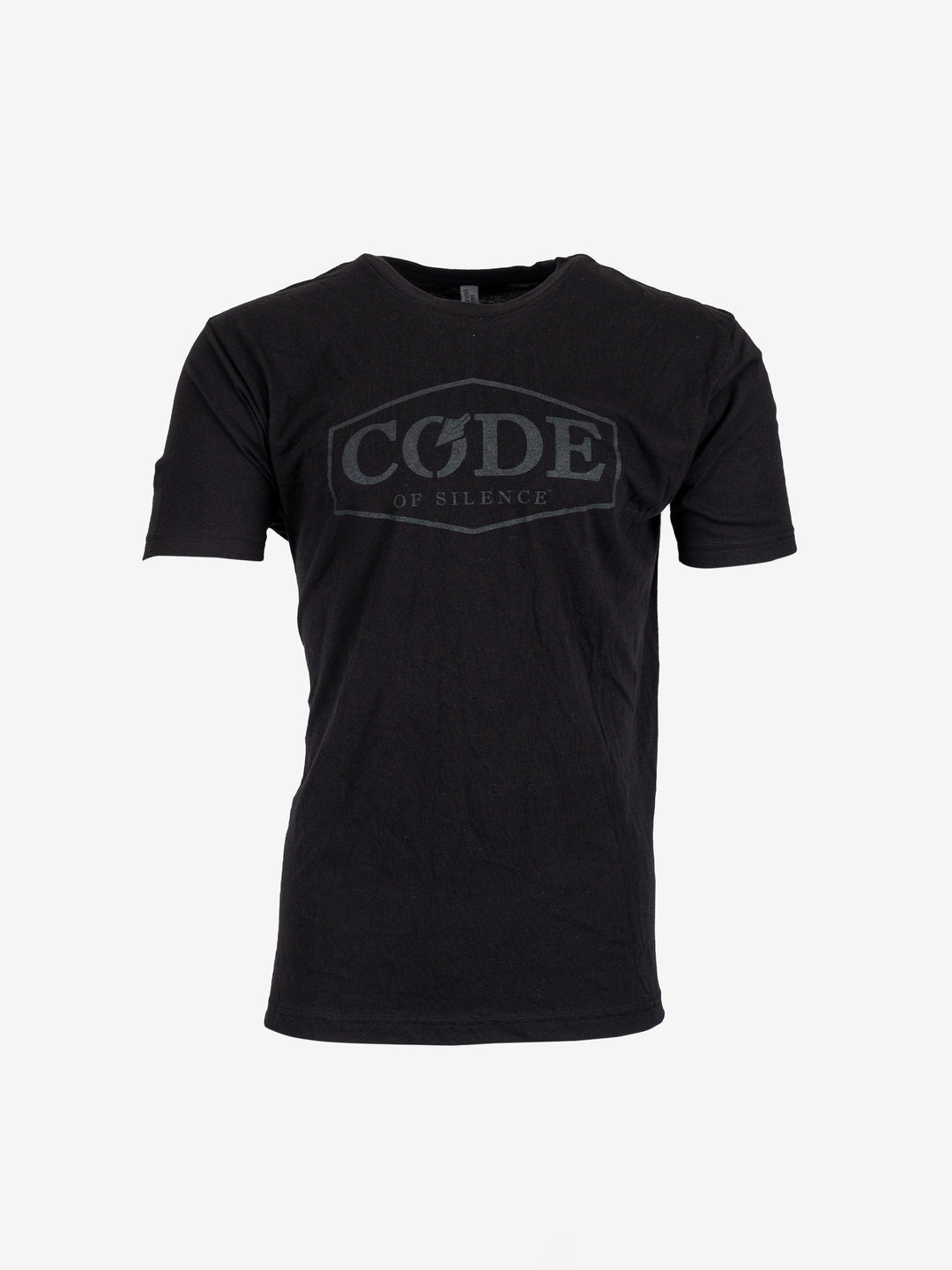 Code of Silence Core Tee in black with a tonal black chest logo, front view